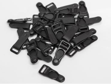 Black nylon coated steel, plastic, and rubber garter clip.