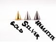 Cone spikes in three colors: silver, hematite, and gold. thumbnail image.