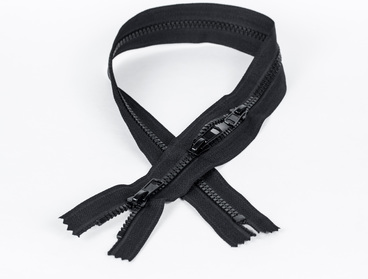 Black 3-way zipper with plastic teeth.