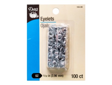 Dritz small silver eyelets for lacing, belts, bags, and crafts.