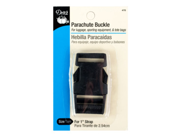 Black parachute buckle, one inch wide.