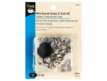 Dritz nickel silver colored anorak snap kit.